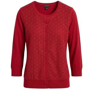 Ann Taylor Red Crochet Lace Front Button Down Cardigan Sweater Women's Large